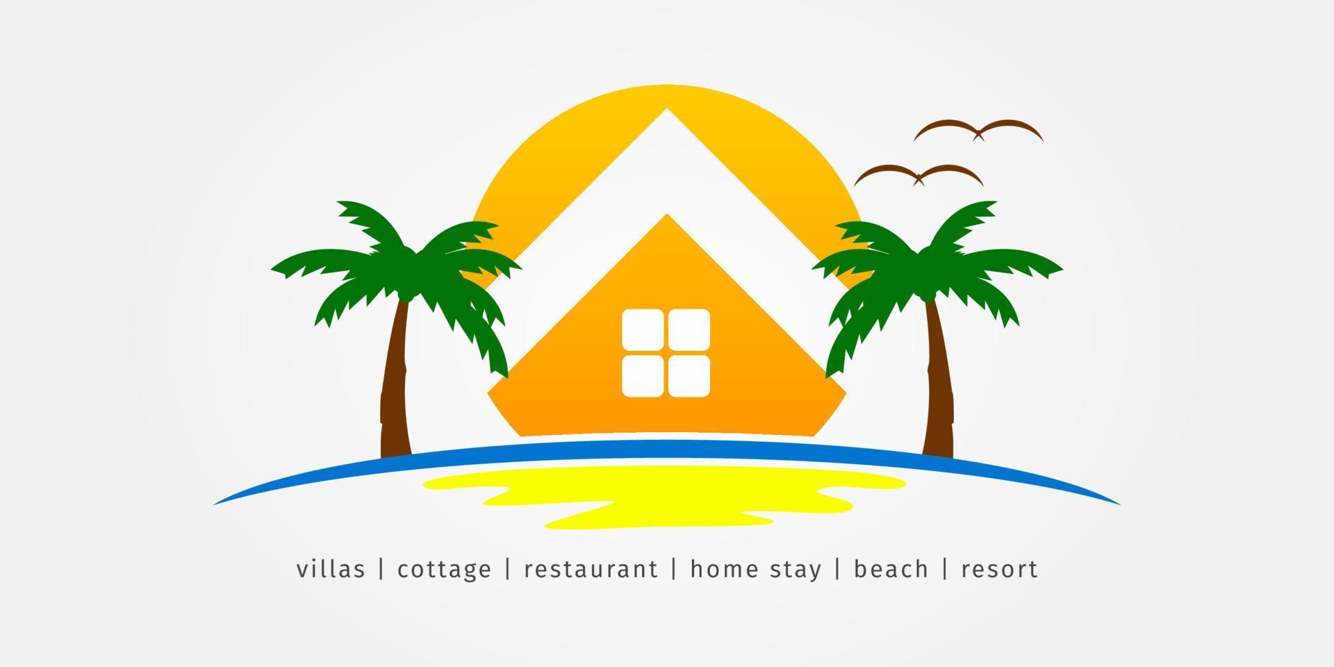 sunrise or sunset with negative space of house between palm trees illustration logo for villas, hotel, cottage, restaurant, home stay, beach, resort vector