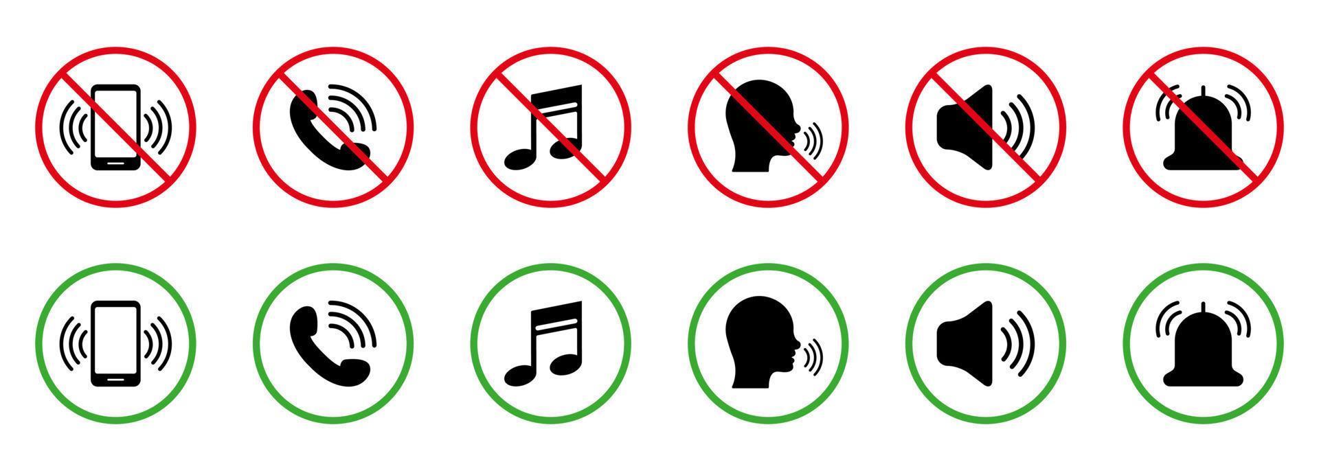 Notification Call Black Silhouette Icon Set. Silence Mute Zone Red Forbidden Round Sign. Use Phone Speak Loud Allowed Area Green Symbol. Warning Ban Noise Rule. Isolated Vector Illustration.