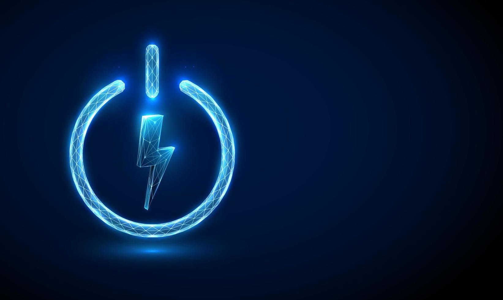 Abstract blue lightning in the power button.  Low poly style design. Geometric background. Wireframe light connection structure. Modern 3d graphic. Vector illustration.