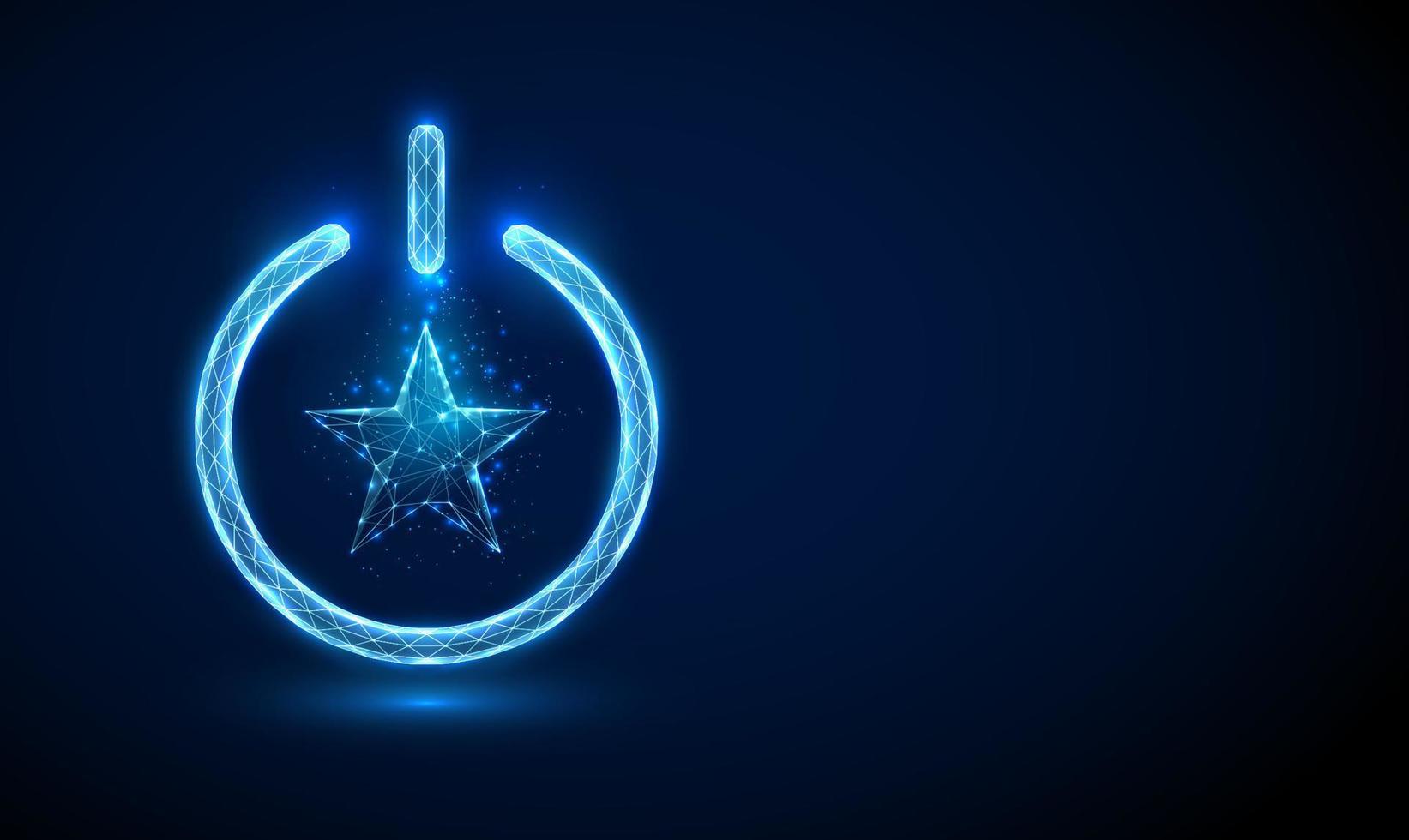 Abstract blue star shape in power button. Low poly style design. Geometric background. Wireframe light connection structure. Modern 3d graphic. Vector illustration.