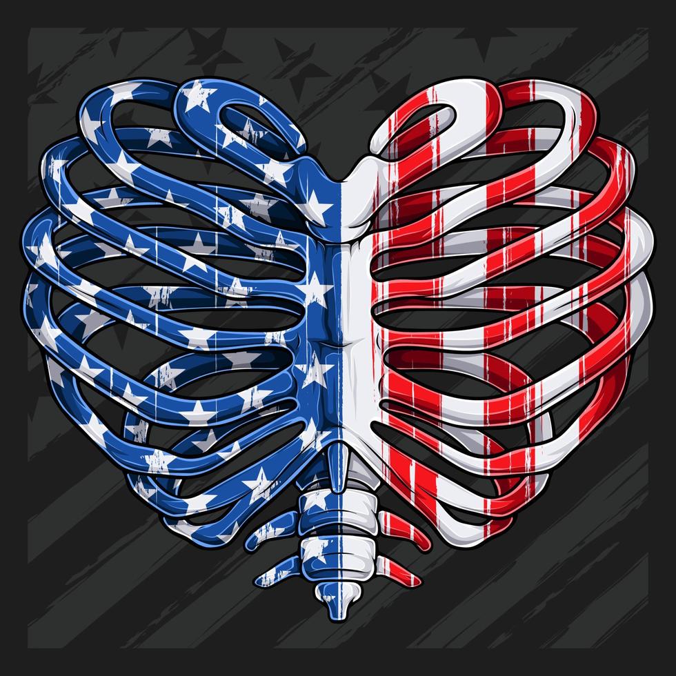 Heart shaped ribcage with USA flag pattern for 4th of July American independence day and Veterans day vector