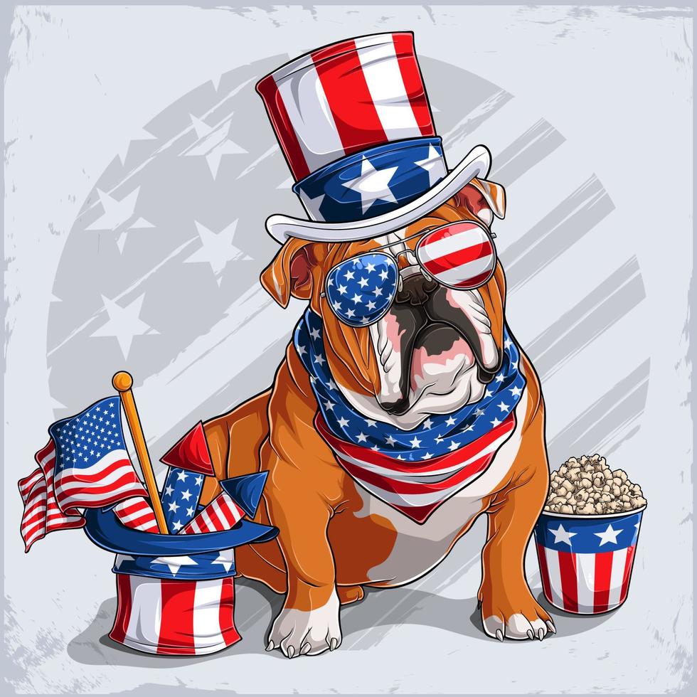 perro bulldog inglés disfrazado del 4 de julio con sombrero del tío sam, con bandera de estados unidos y fuegos artificiales vector