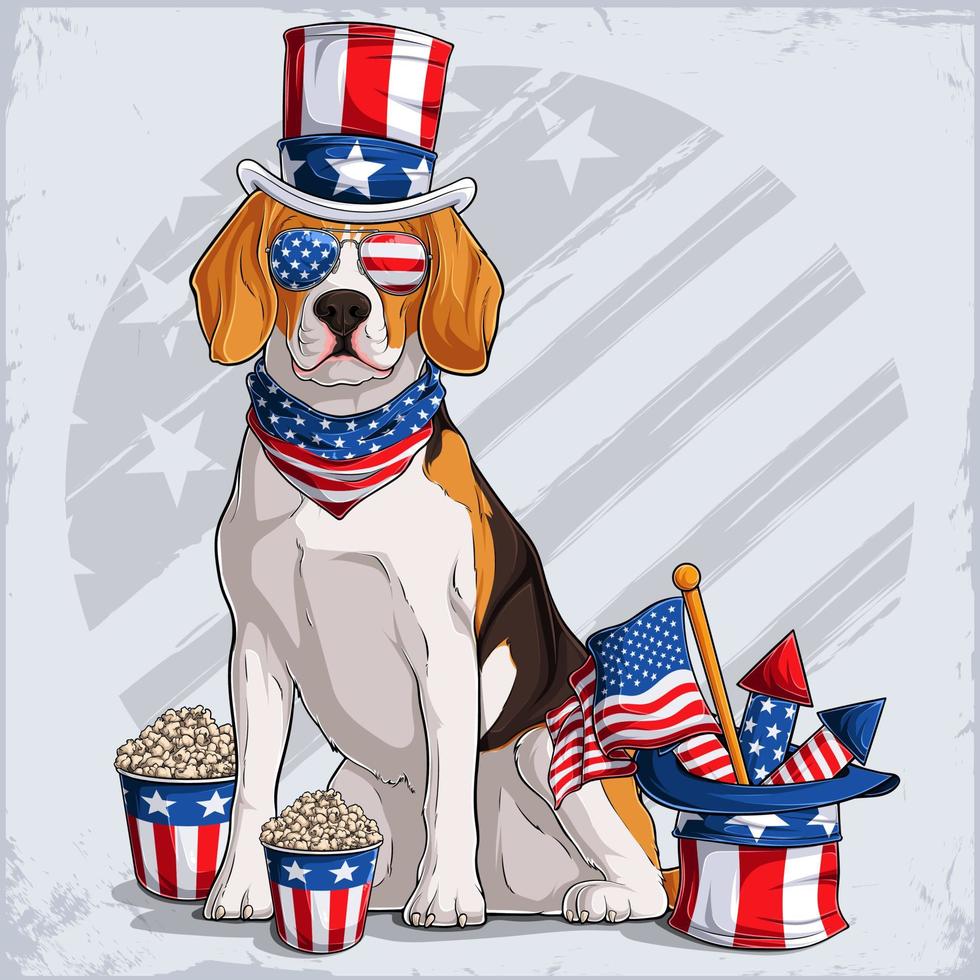 raza de perro beagle disfrazado el 4 de julio con sombrero del tío sam, con bandera de estados unidos y fuegos artificiales vector