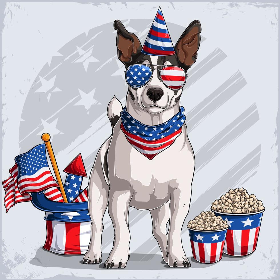 perro jack russell terrier disfrazado el 4 de julio con gorra a rayas y gafas de sol, con bandera de estados unidos y fuegos artificiales vector