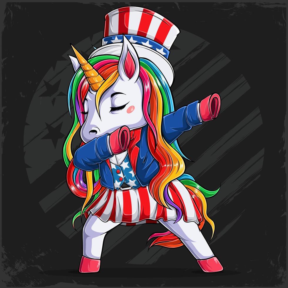 4th of July funny unicorn wearing Uncle Sam hat and suit doing dabbing dance, US independence day vector