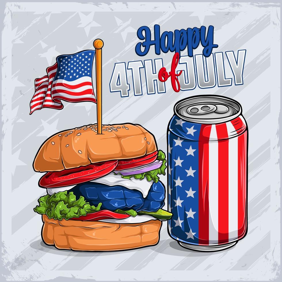 Burger and soda can with USA flag pattern for 4th of July American independence day and Veterans day vector