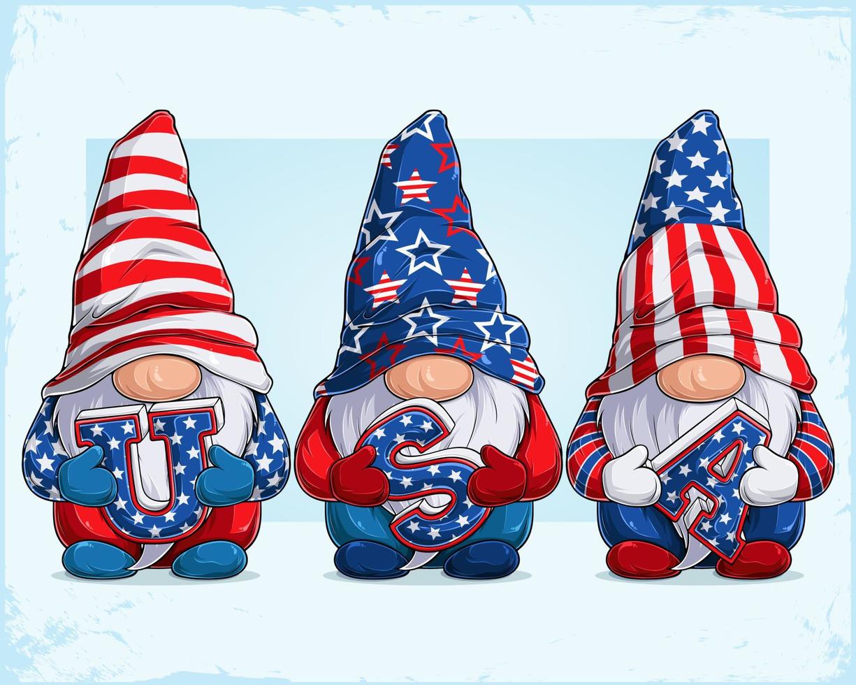 Cute gnomes in 4th of July disguise holding 3d USA alphabets celebrating American independence day vector