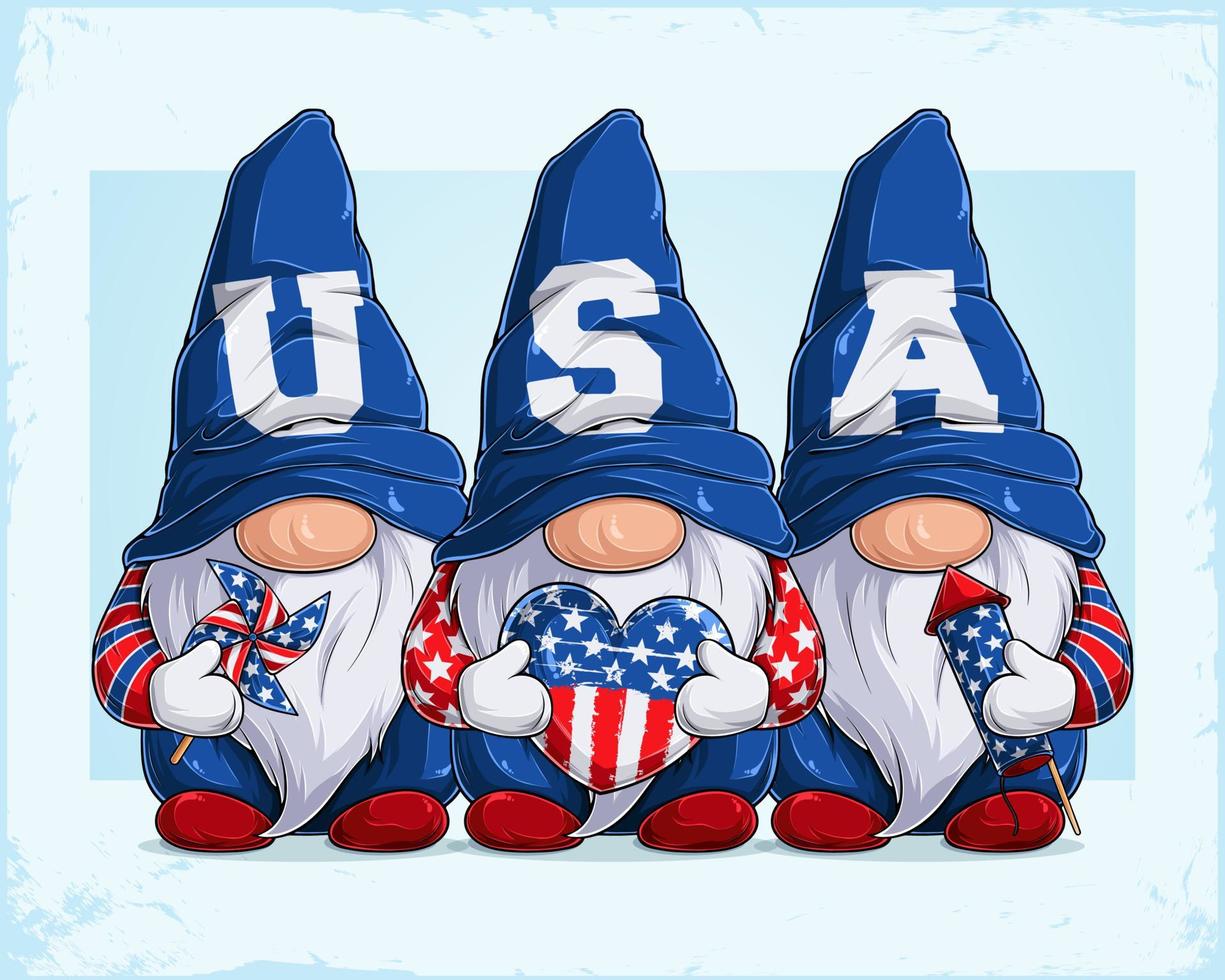 Cute gnomes in 4th of July disguise with USA word in there hats holding Pinwheel Heart and Fireworks vector