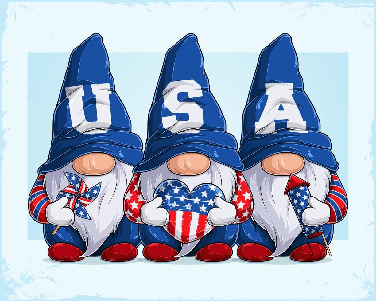 lindos gnomos disfrazados del 4 de julio con la palabra usa en sombreros con corazón de molinete y fuegos artificiales vector