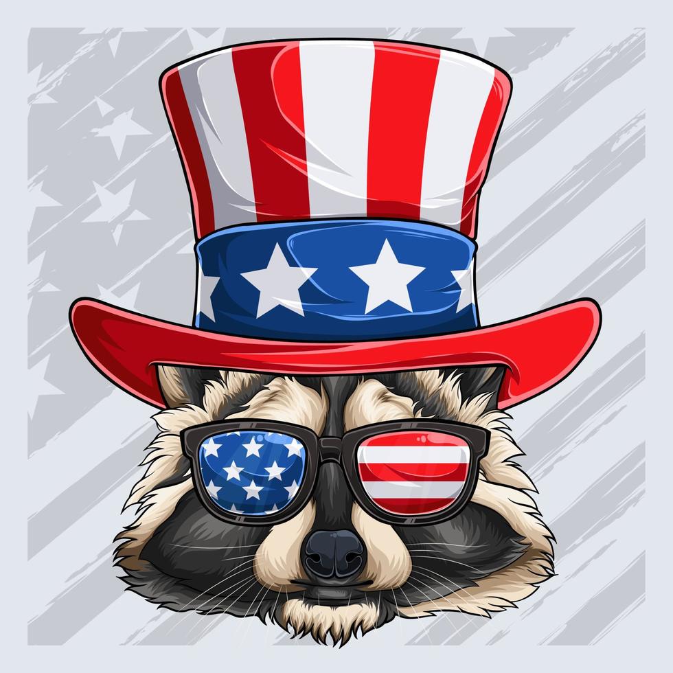 mapache divertido del 4 de julio con sombrero del tío sam y gafas de sol de estados unidos para el día de la independencia americana vector