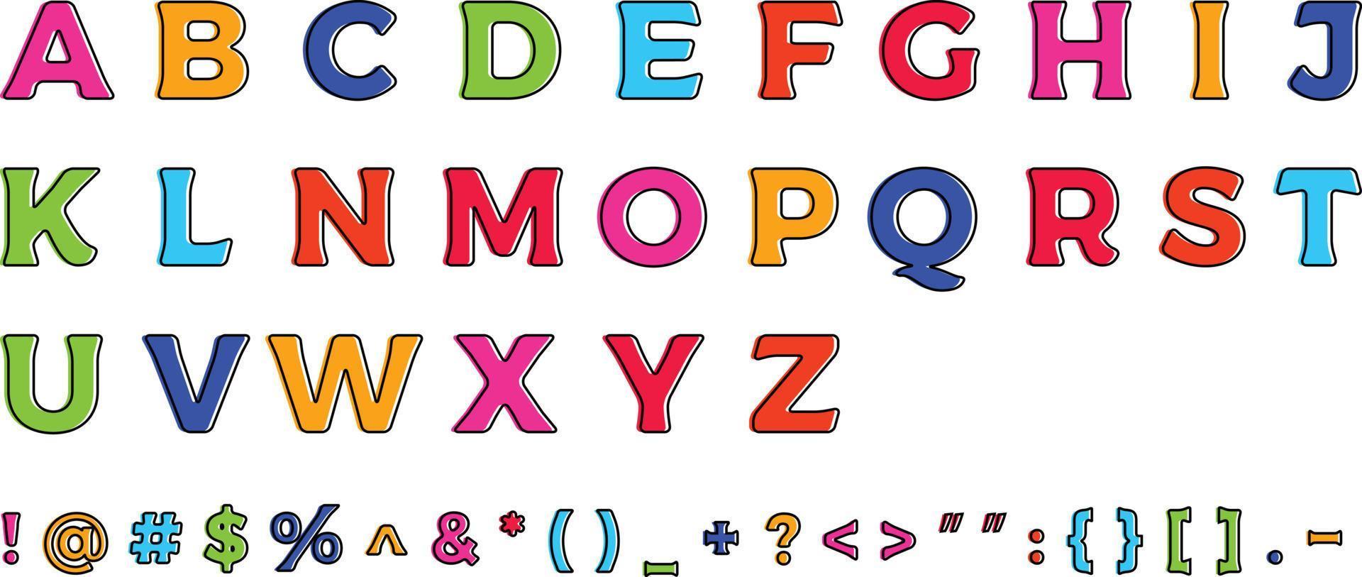 Colorful Alphabets. Upper Case Letters from A to Z, Symbols with Offset Stroke vector