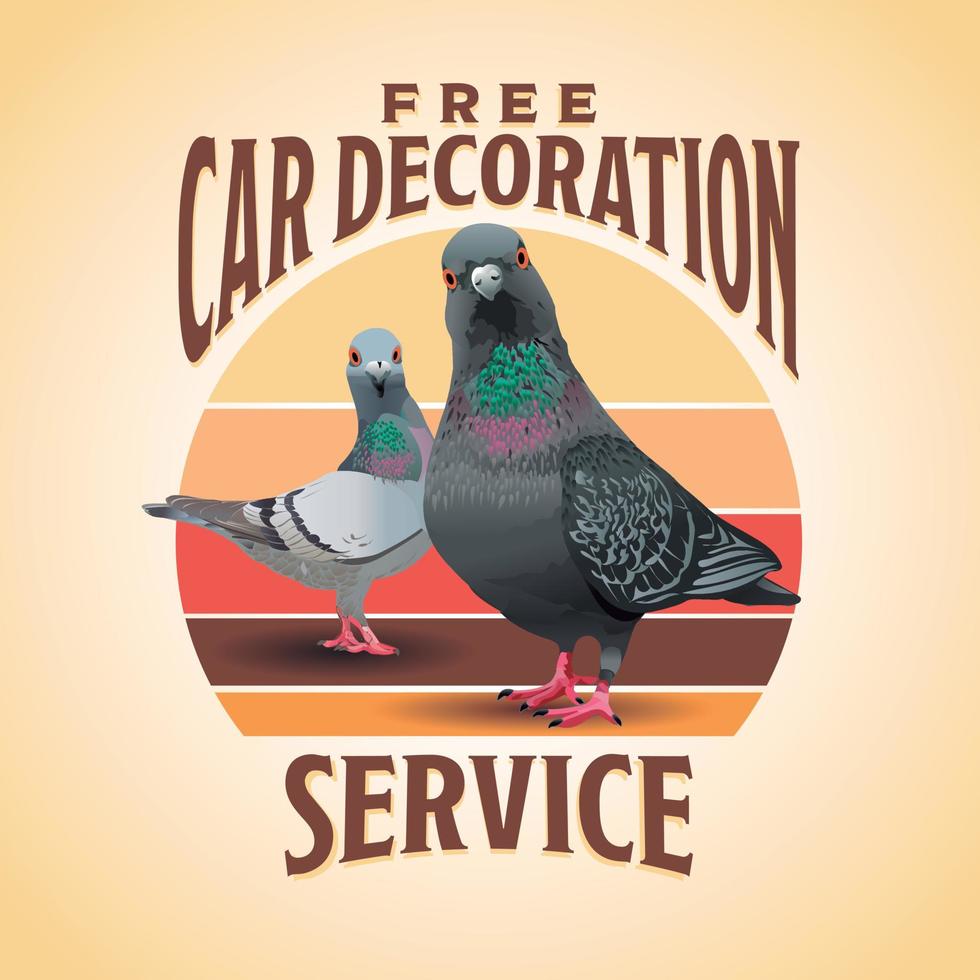 Pigeons free car decoration service, funny doves, crazy pigeons vector