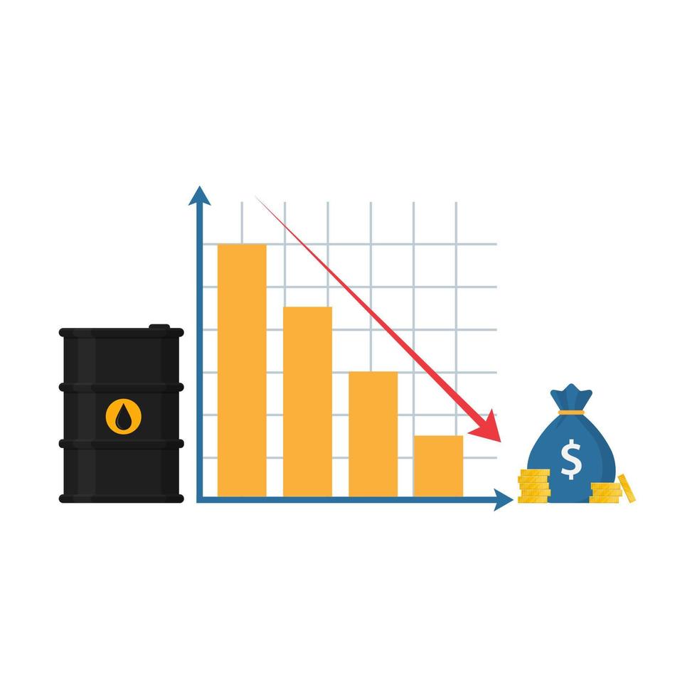 oil barrel and graph. oil market drop. oil price. price reduction. barrel and money. vector
