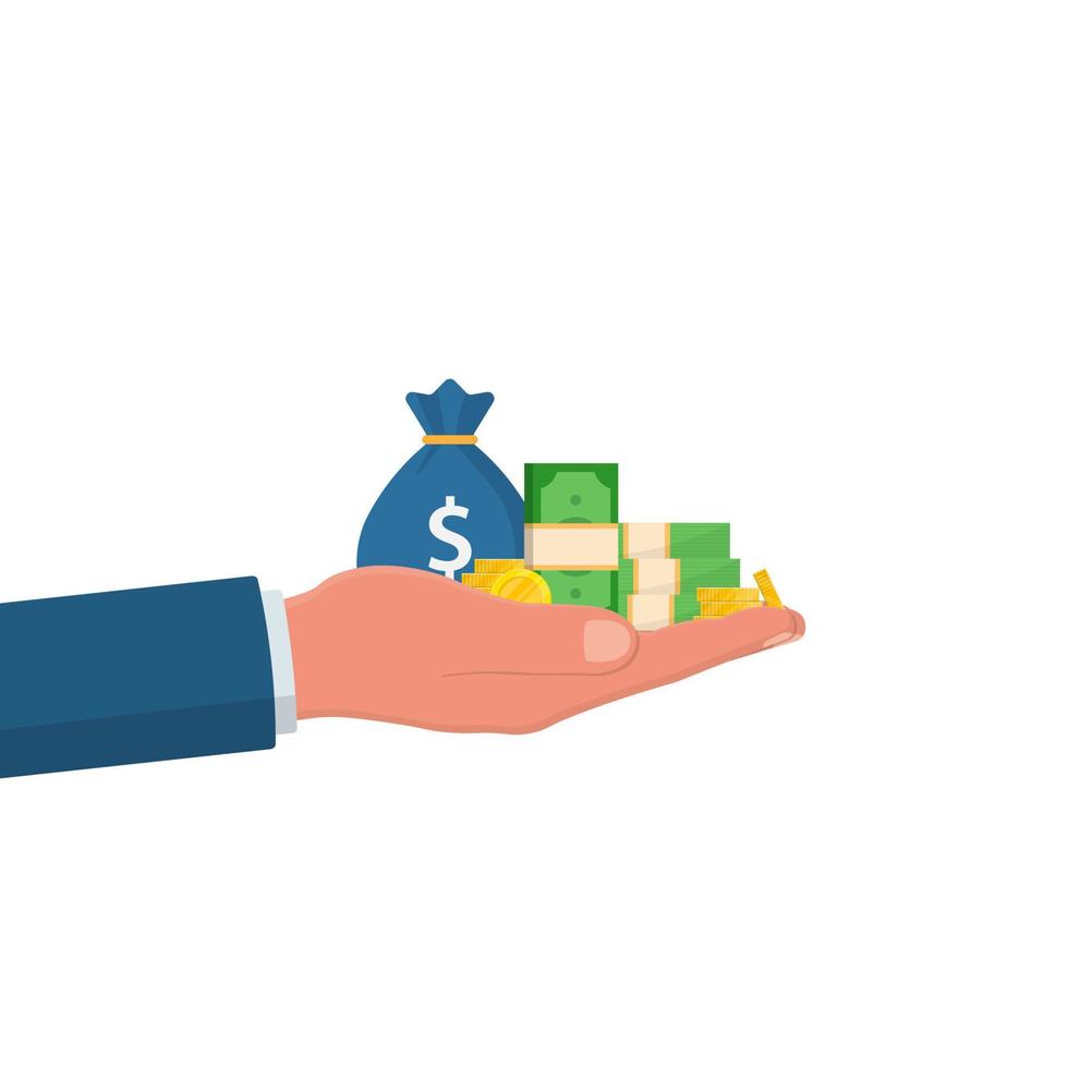 Money Dollars Banknotes in a hand. Cash. Money bag and a stack of gold coins. vector