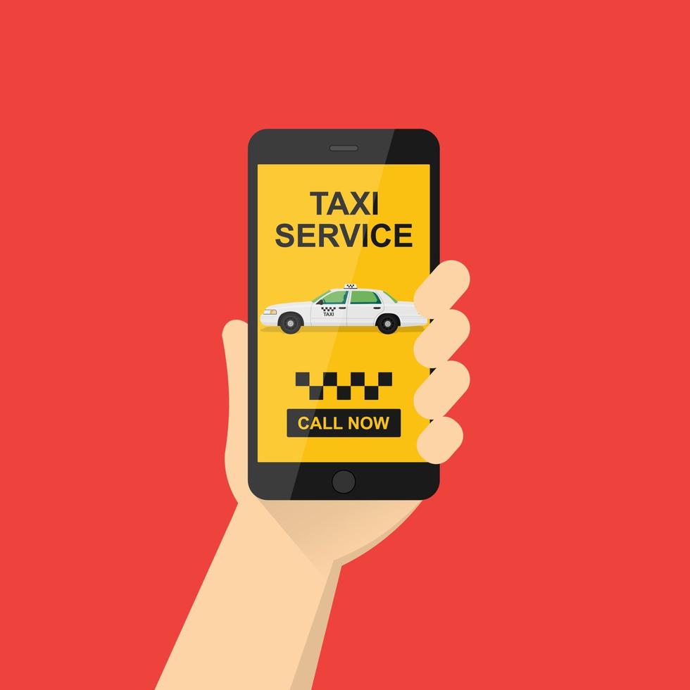 hand holds a mobile phone with the application on the screen. Taxi service application on a smartphone to order services. vector