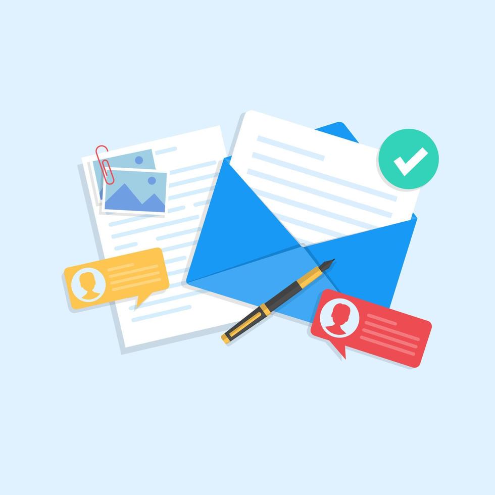 Email and messaging, envelope with letter inside, letter with attached images, ballpoint pen and speech bubbles. vector