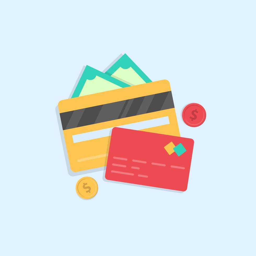 wallet, credit card, green banknotes, coins. Concept of paying for purchases or services. Flat modern style. vector