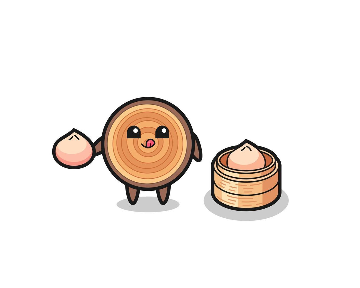 cute wood grain character eating steamed buns vector