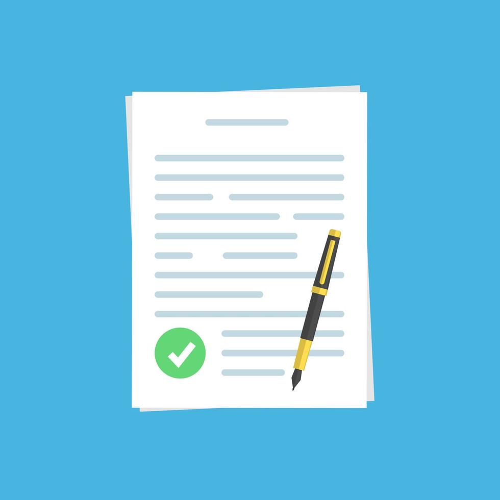 acuerdo, contrato, cumplimiento, conceptos de informes. documento con marca de verificación y bolígrafo. vector