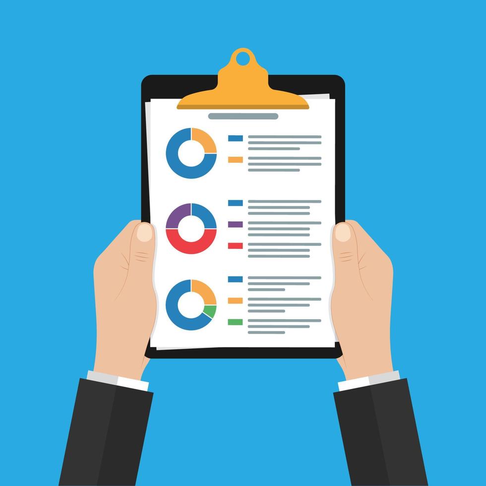 in the hands of man clipboard.Audit research vector icon, financial report data analysis, accounting analytics concept with charts and diagrams.