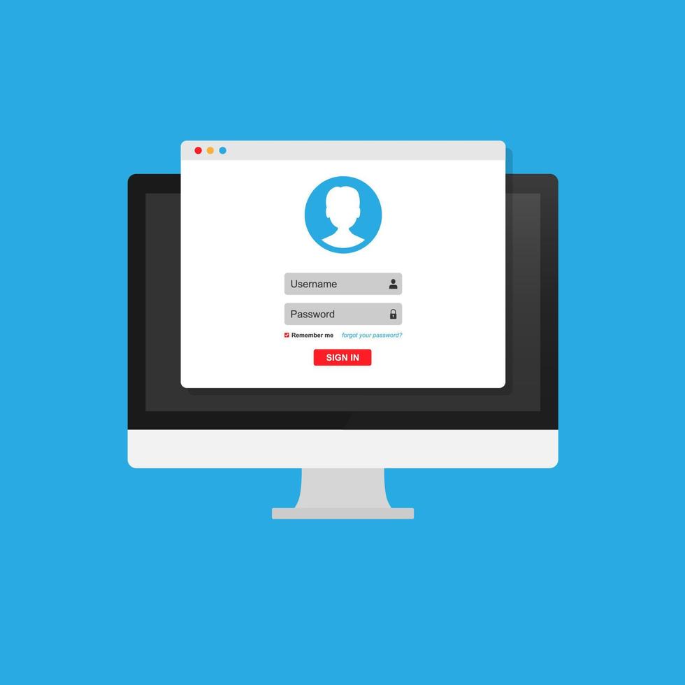 Online registration form. Login form, login page, opened in a web browser window on the monitor screen. vector
