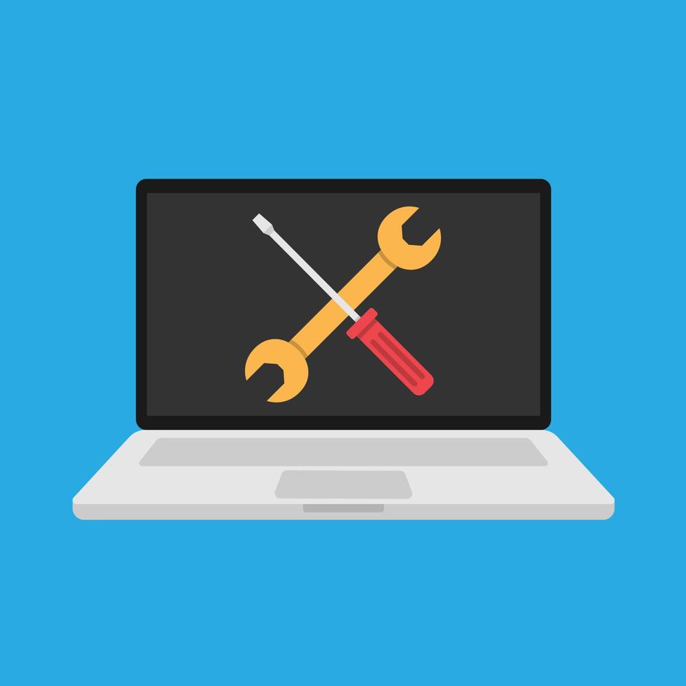 Wrench and screwdriver on laptop screen. vector