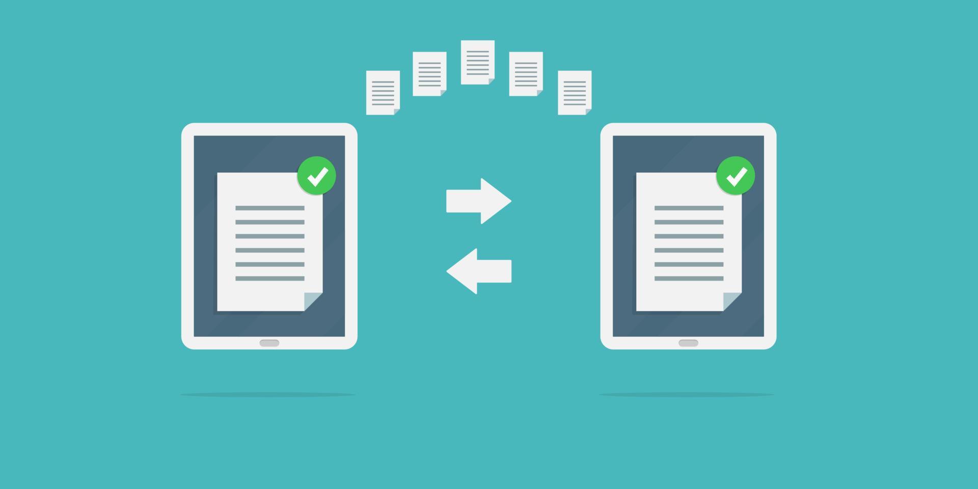 file sharing concept. Data transfer, ftp file receiver and backup on tablet screen. File transfer in notebooks. vector