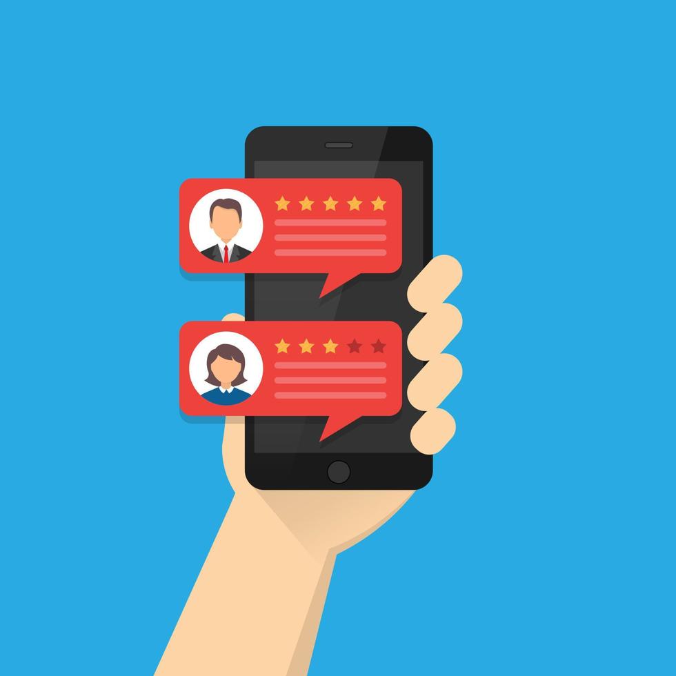 smartphone in hand. customer feedback. rating on mobile phone screen. viewing rating on speech bubbles. vector