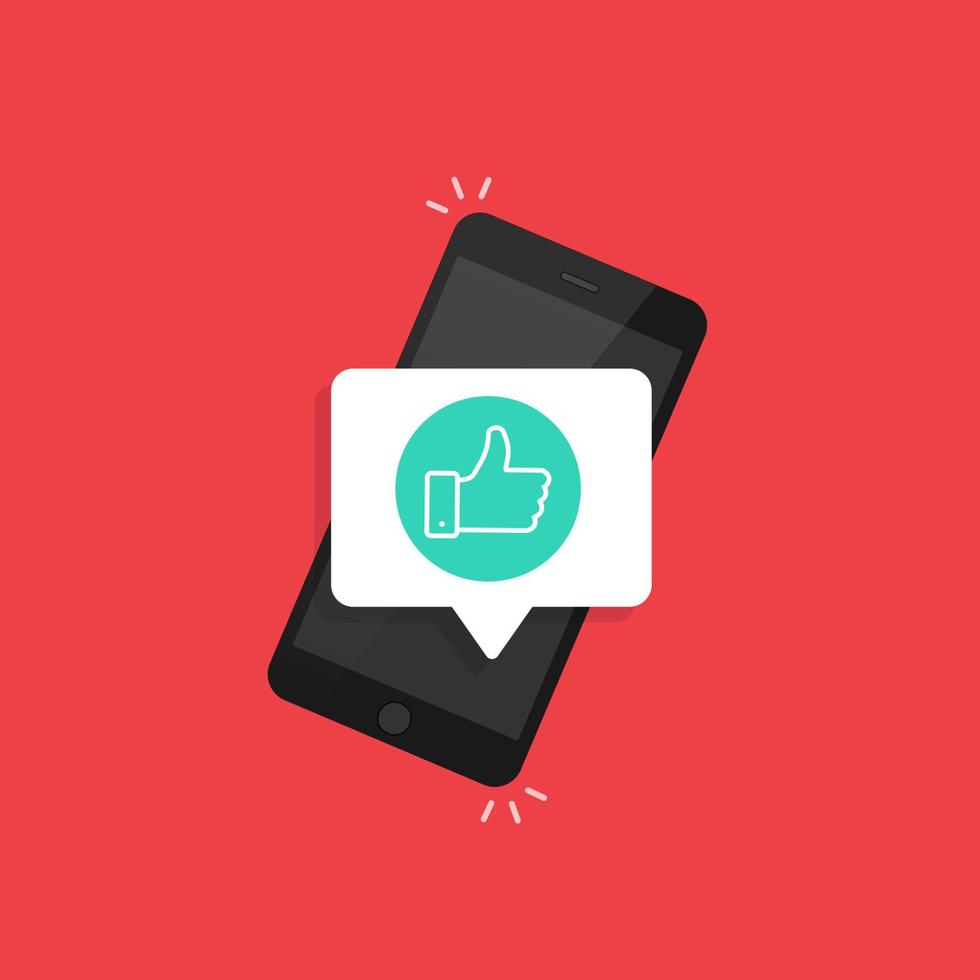 notification on mobile phone screen. Thumbs up vector illustration in flat style.