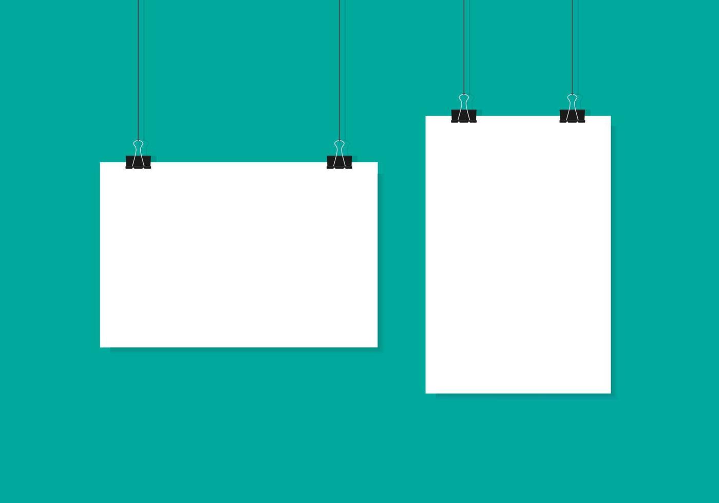 Sheets of white paper horizontal and vertical hang on clips and threads. vector