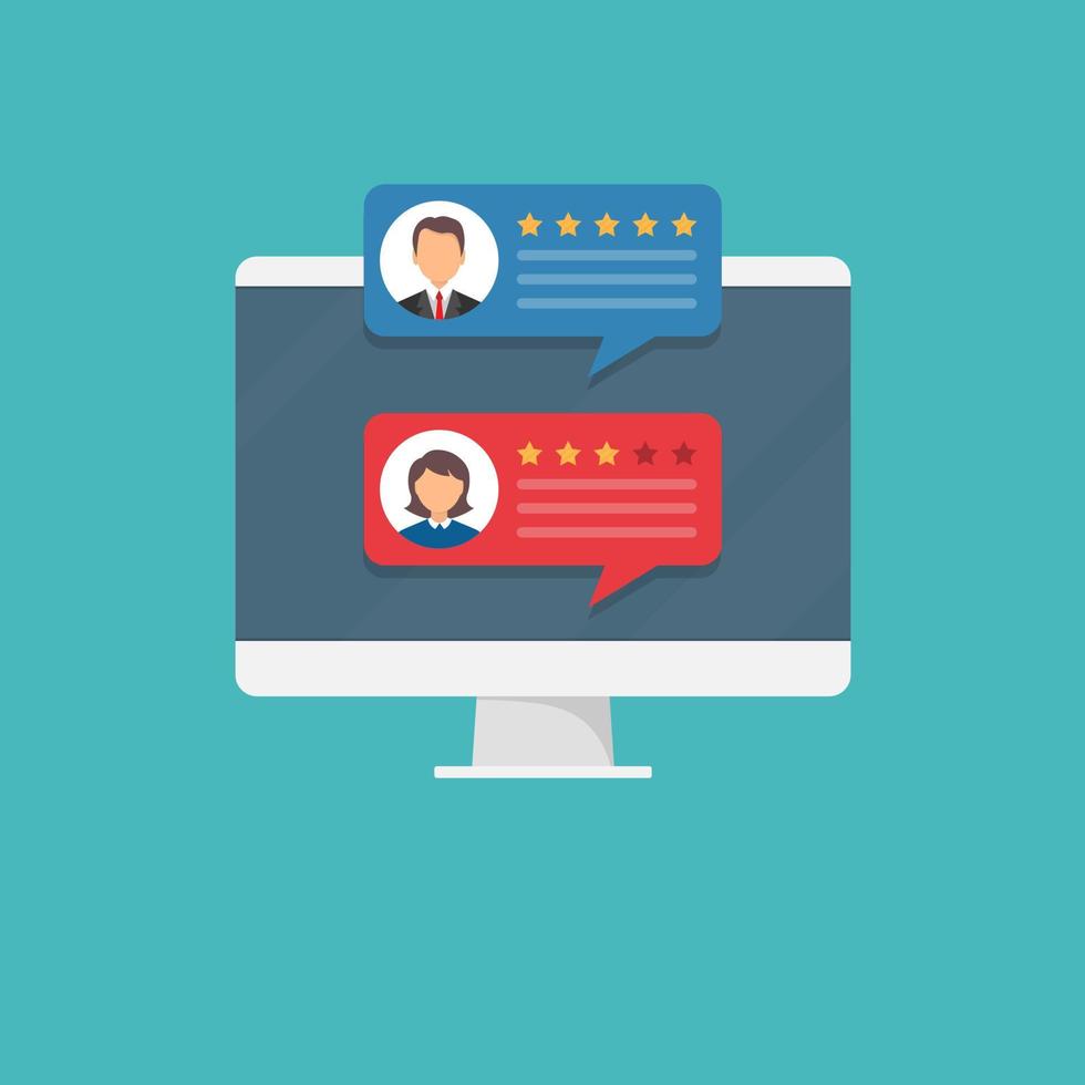 Customer reviews. rating on the monitor screen. View speech bubble ratings. vector