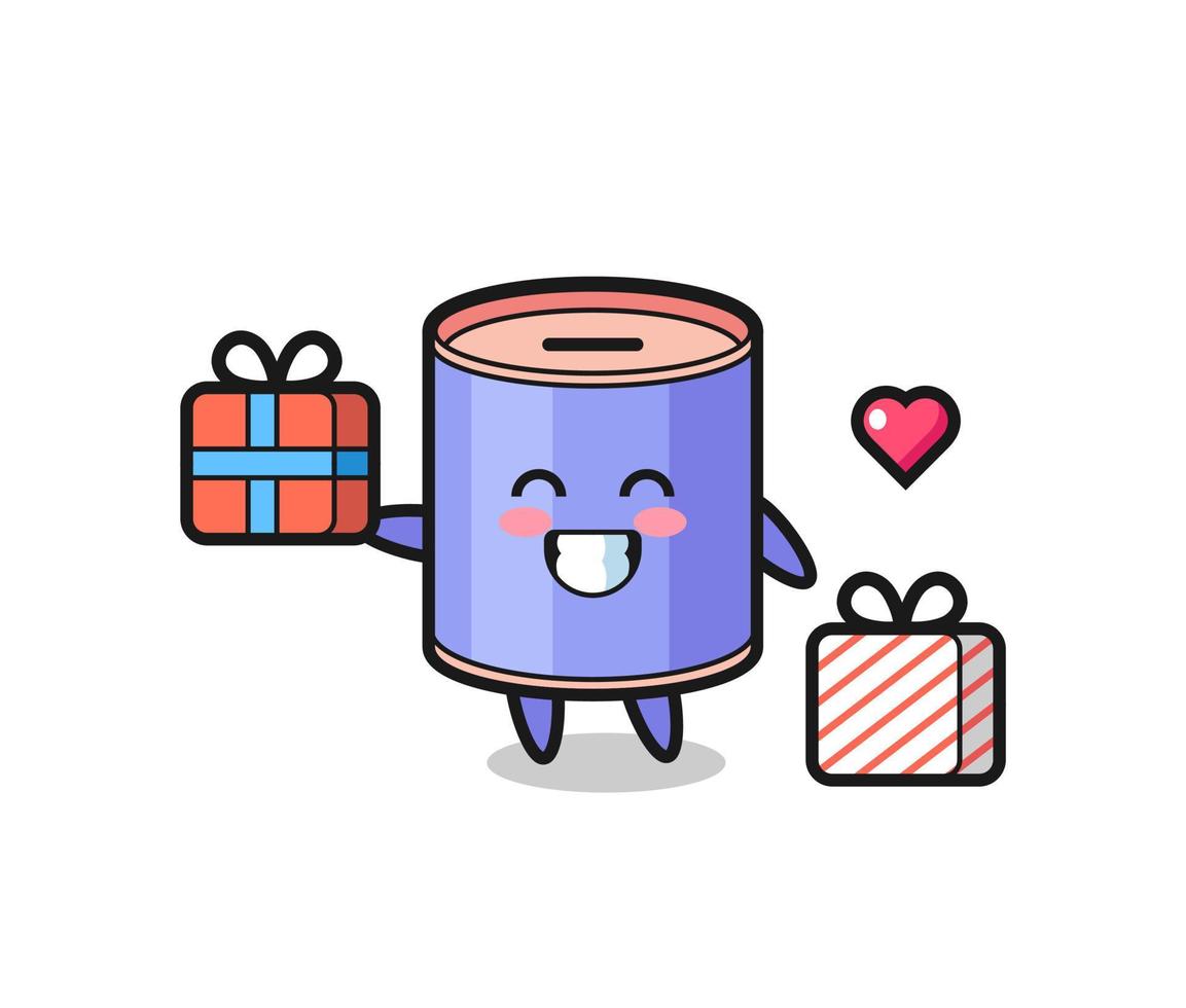 cylinder piggy bank mascot cartoon giving the gift vector