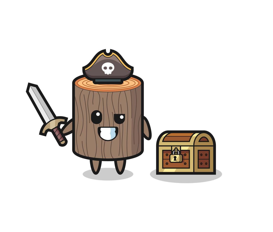 the tree stump pirate character holding sword beside a treasure box vector