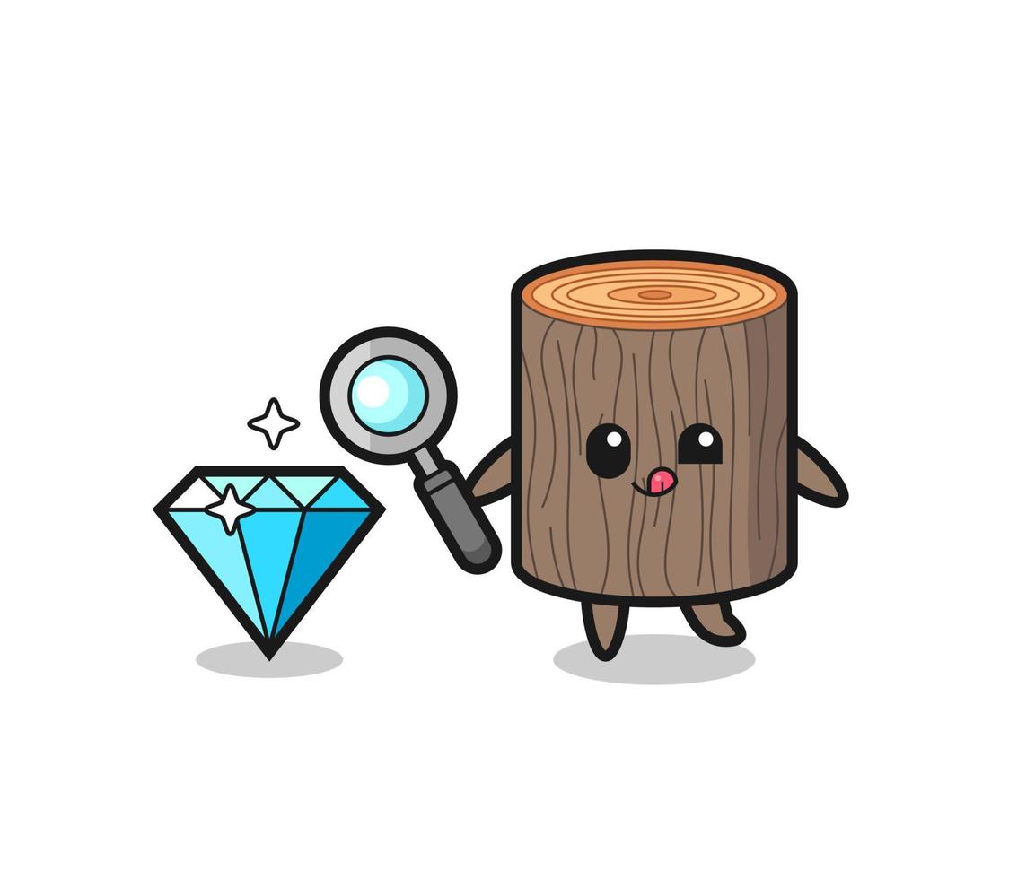 tree stump mascot is checking the authenticity of a diamond vector