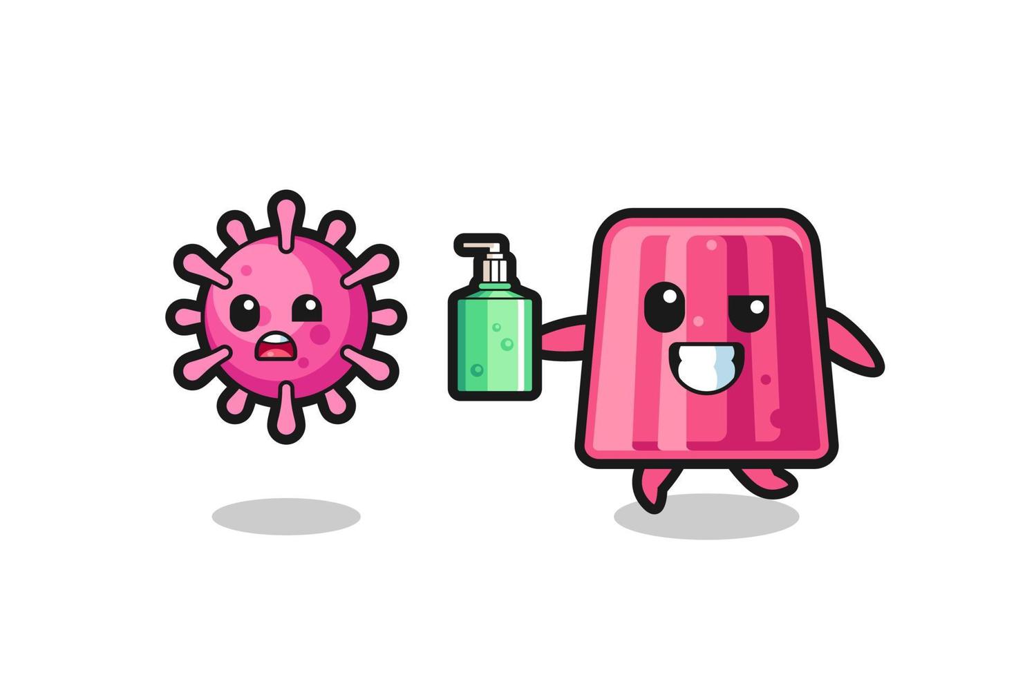 ilustración del personaje de gelatina persiguiendo virus malvados con desinfectante de manos vector