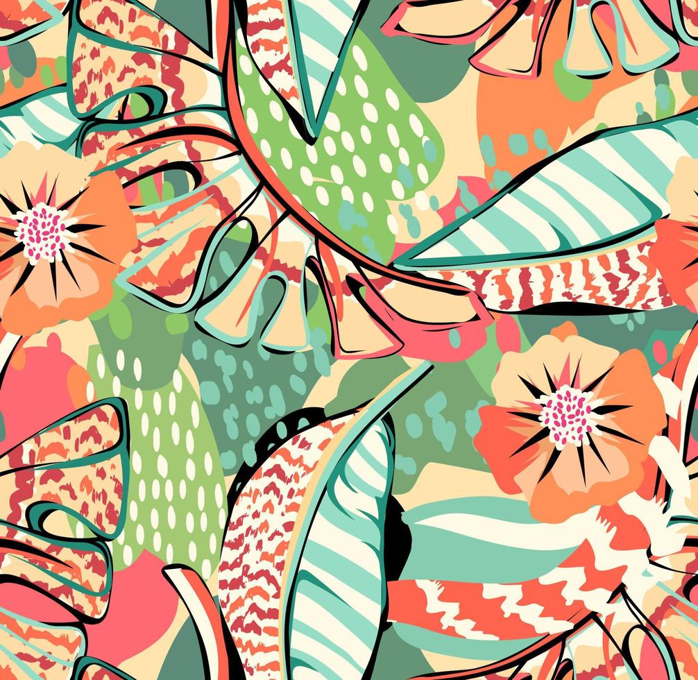 patrón tropical con elementos multicolores dibujados a mano y fondo divertido. patrón de hojas tropicales para textil y decoración vector