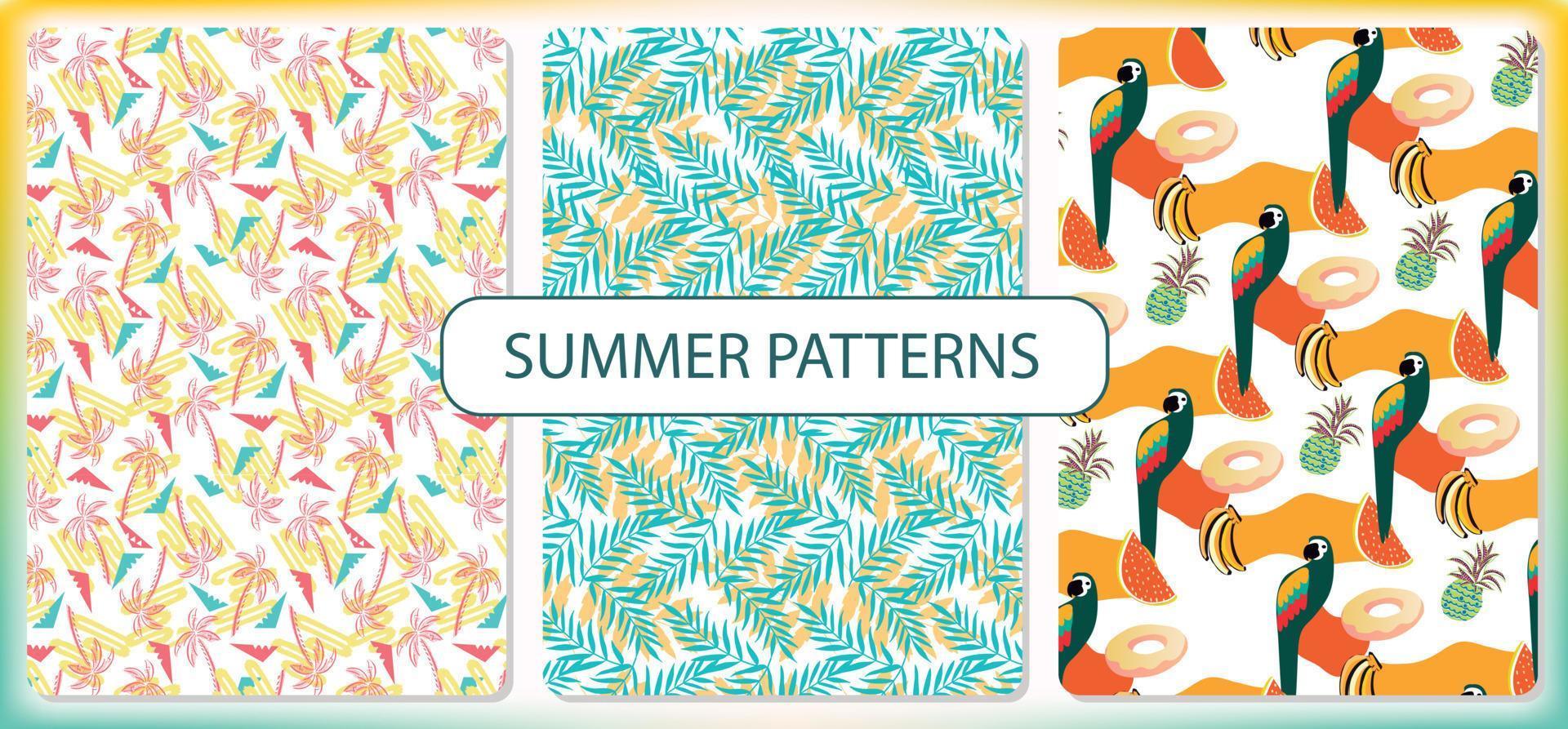 Set of repeating patterns with simple summer and tropical motifs. surface patterns to decorate. vector