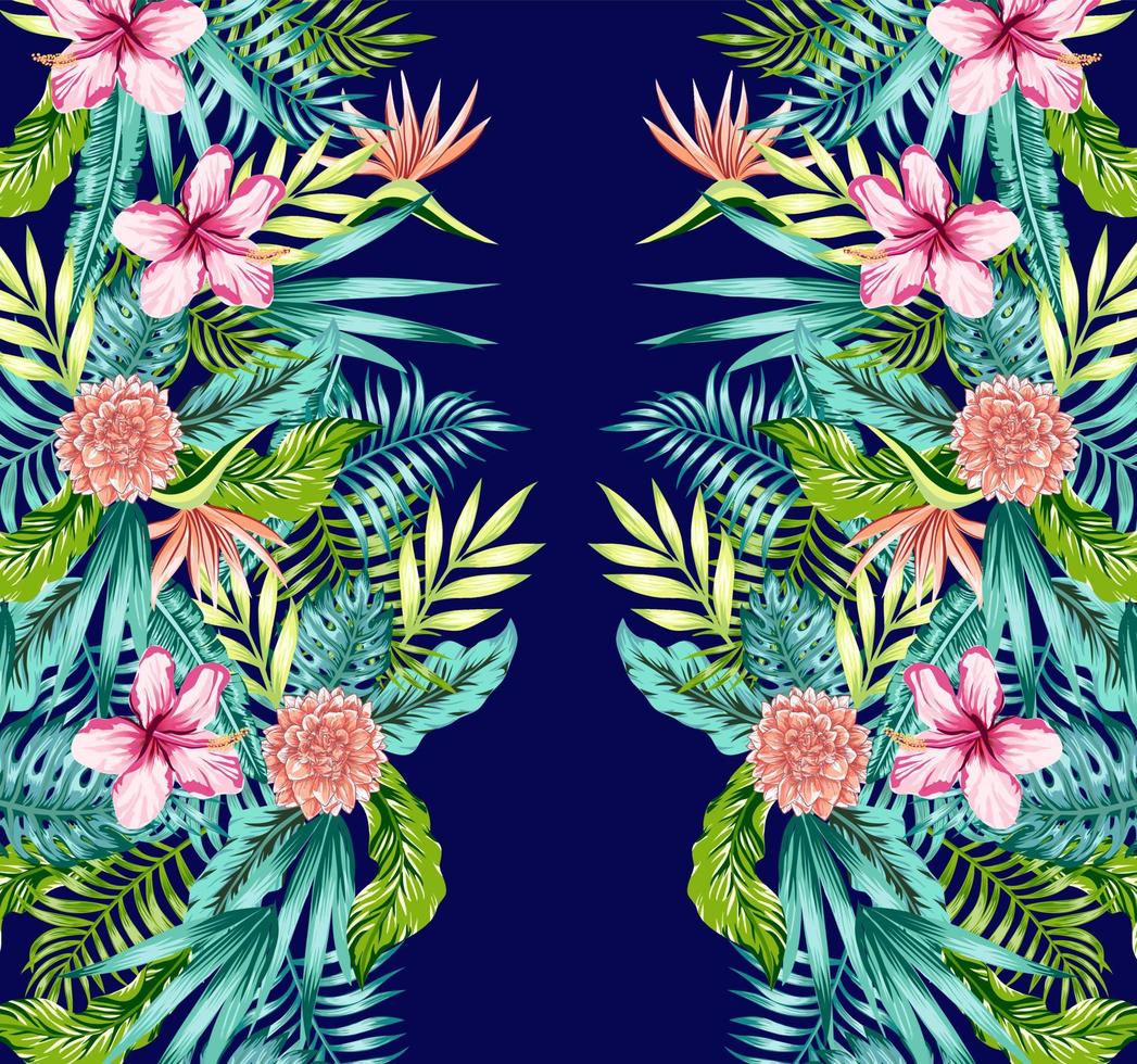 floral pattern with tropical flowers and leaves in side borders, design for textiles and decoration with vintage tropical style vector