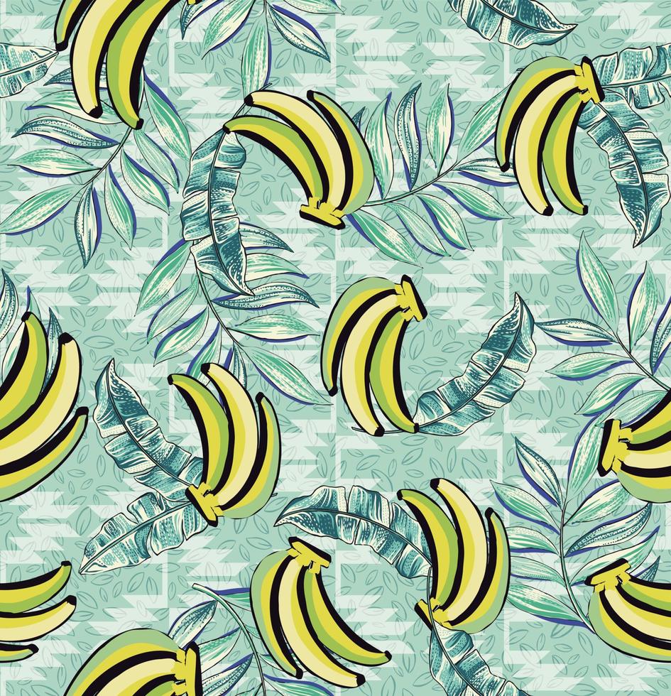 patrón tropical hecho con hojas de plátano y frutas, con un fondo divertido y colorido vector