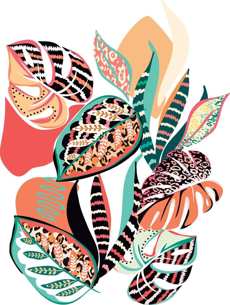Decoration with tropical leaves and minimalist organic shapes for print. Hand drawing floral design for textiles and decoration vector