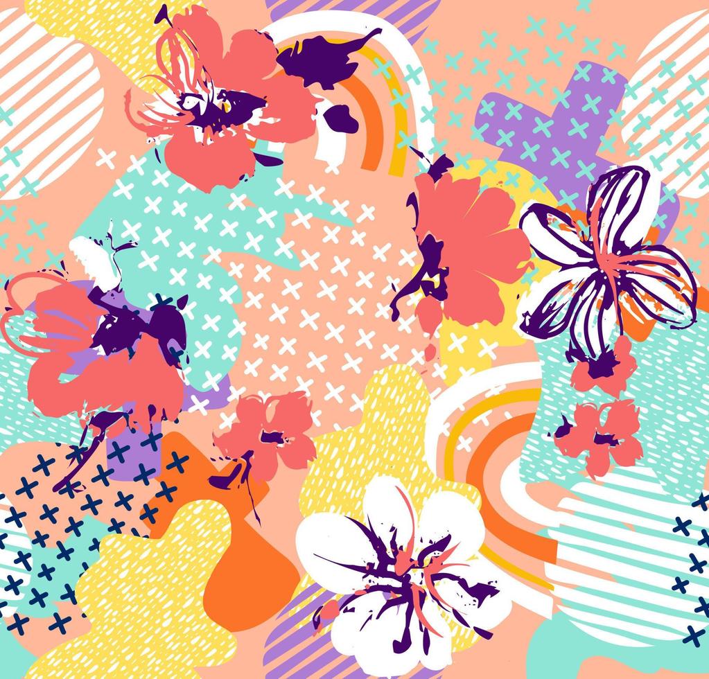 trendy floral pattern memphis style with fun and colorful background vector