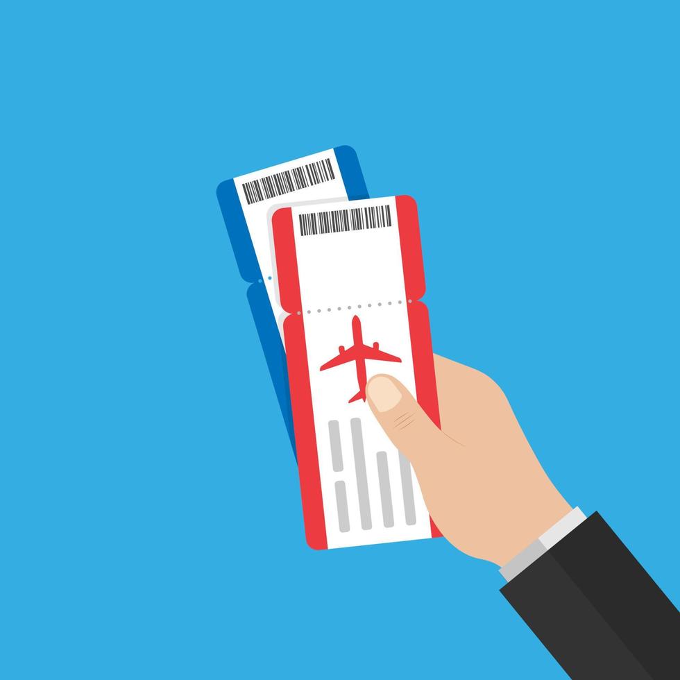 hand holds red and blue airline tickets. vector