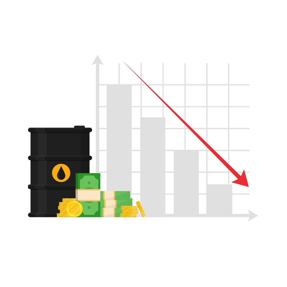 barril de petróleo y gráfico. caída del mercado del petróleo. precio del petróleo. reducción de precio. barril y dinero. vector