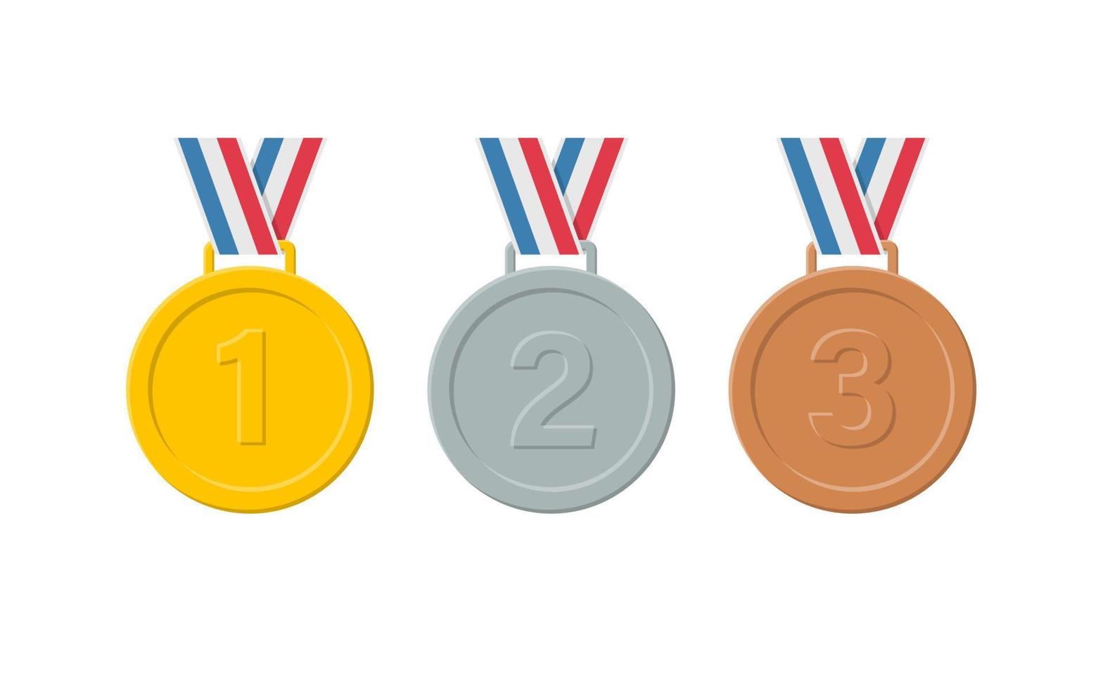 set of gold, silver and bronze medals in a flat style. vector