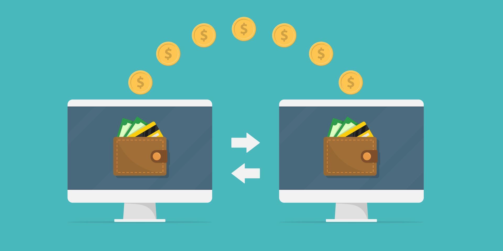 Money transfer. Two monitors with wallets on screen and transferred gold coins. Send money online, remittance, online payment, digital wallet, payment app concepts. vector