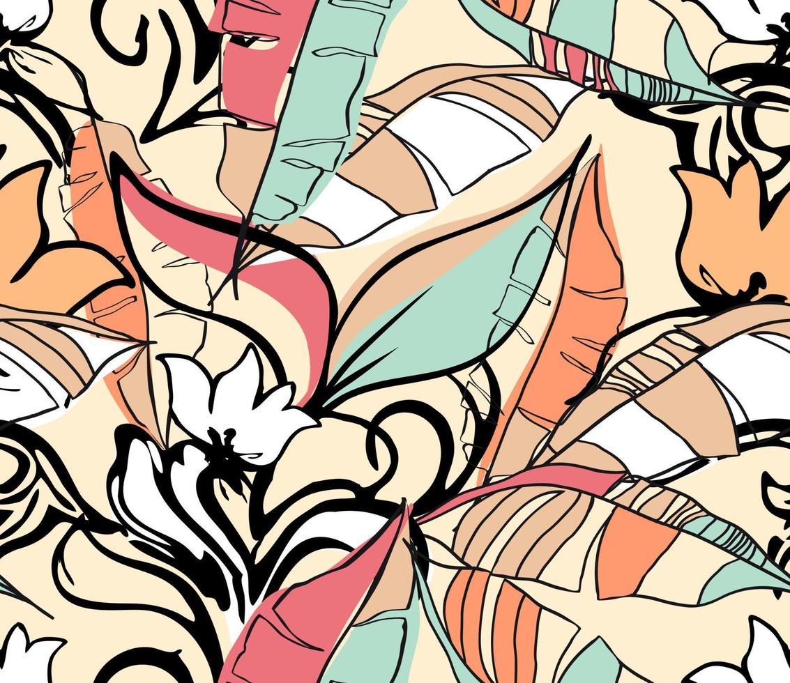 patrón tropical con elementos multicolores dibujados a mano y fondo divertido. patrón de hojas tropicales para textil y decoración vector