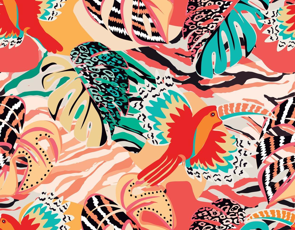 Pattern of a tropical artwork, with multicolored hand drawn elements and funny patchwork background. Monstera and Toucans pattern, perfect for fashion and decoration vector