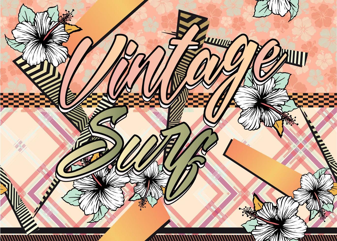 wallpaper with vintage surf inspiration. Floral pattern in borders with diagonal plaid in background. vector