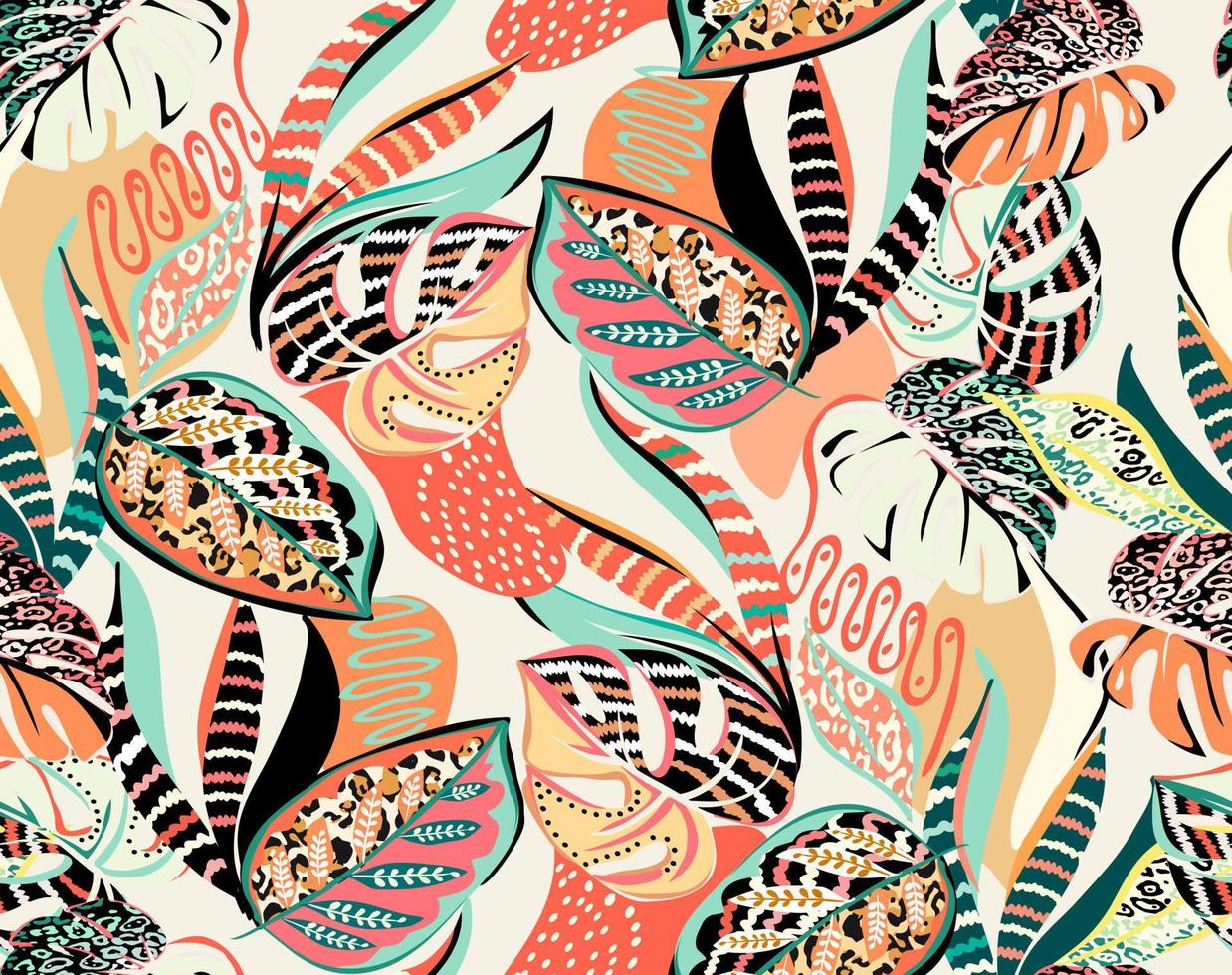 Seamless pattern of a tropical artwork, with multicolored hand drawn elements and funny background. Monstera pattern perfect for fashion and decoration vector
