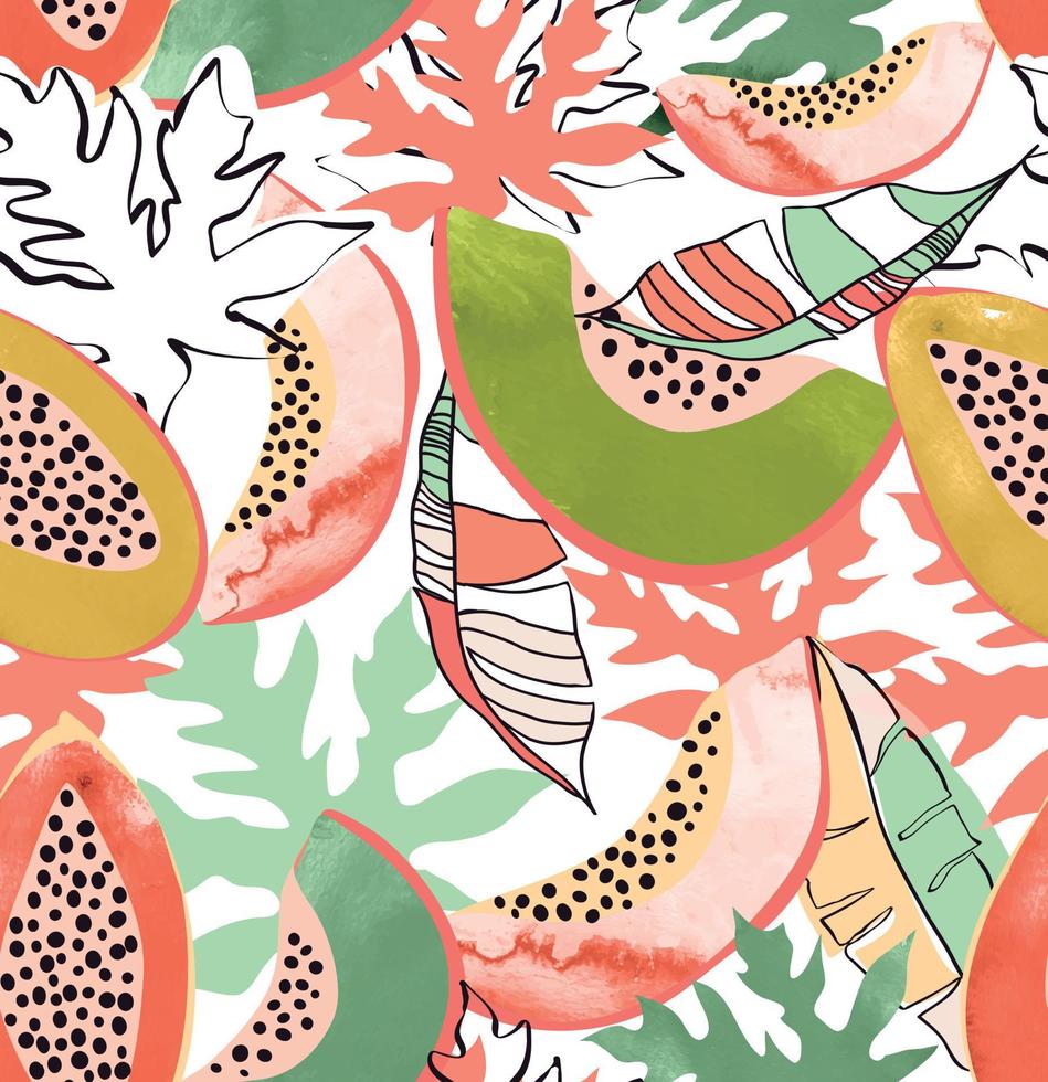 Tropical pattern made with papaya fruits and papaya leaves, with fun and colorful background perfect for fabrics and decoration vector